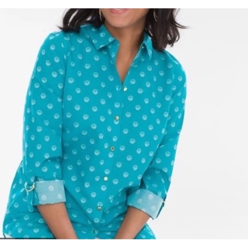 Chico's No Iron Shirt  2 L Turquoise Seashell Print Button Down Coastal Roll Tab